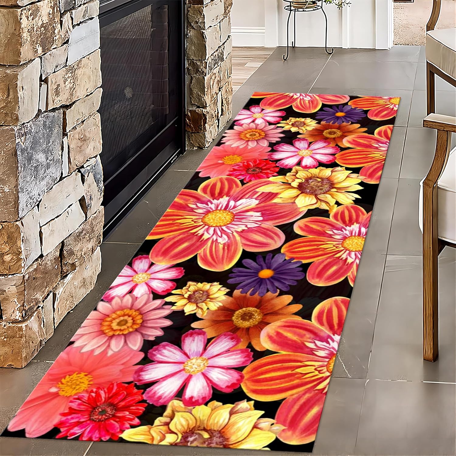 Peony Runner Rug 2x7ft Modern Bright Floral Carpet