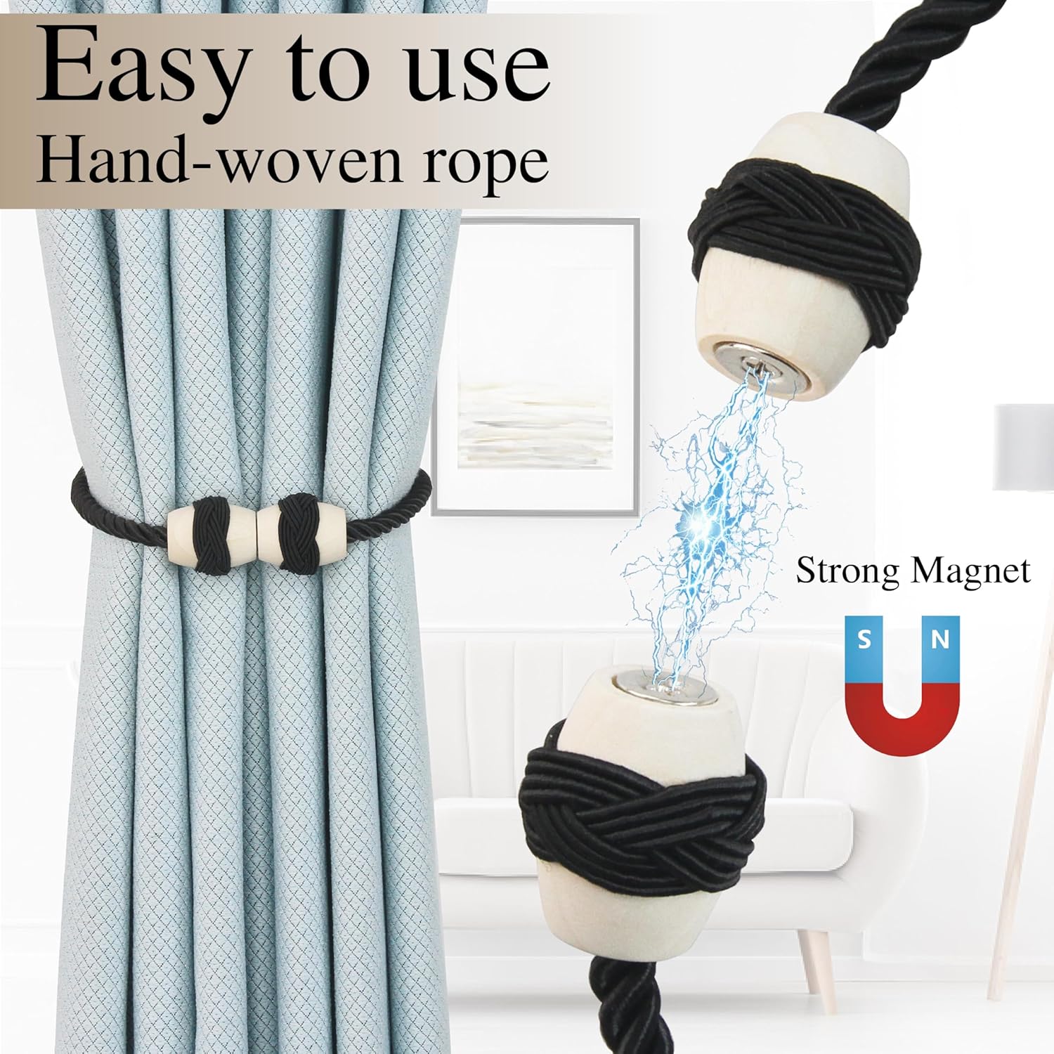 Hangtty Magnetic Curtain Tiebacks 2Pack Black
