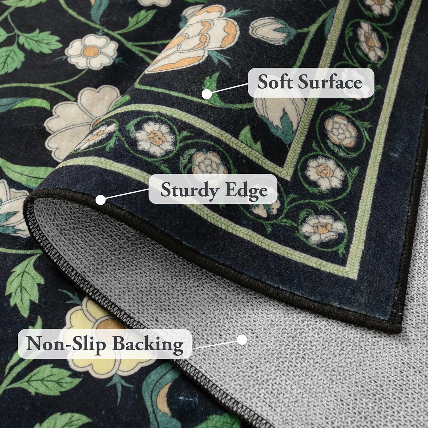 Moynesa Floral Hallway Runner Rug 6ft Non-Slip Black